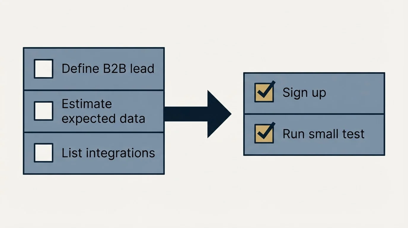 Before-and-after steps: Getting Started Checklist (Define B2B lead, Estimate expected data, List integrations, Sign up)