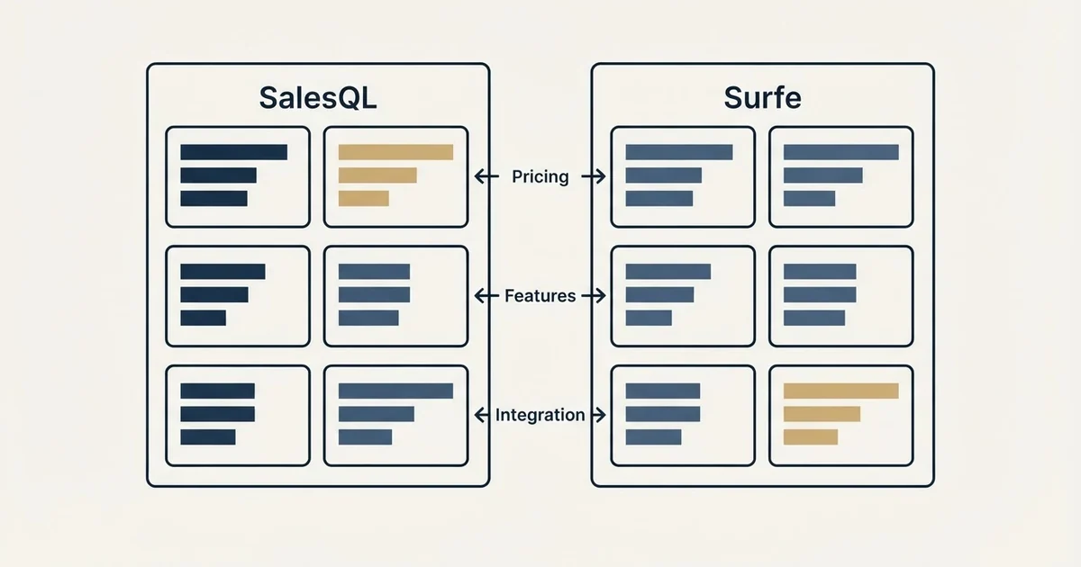 Comparison panel: SalesQL vs Surfe (Pricing, Features, Integration)