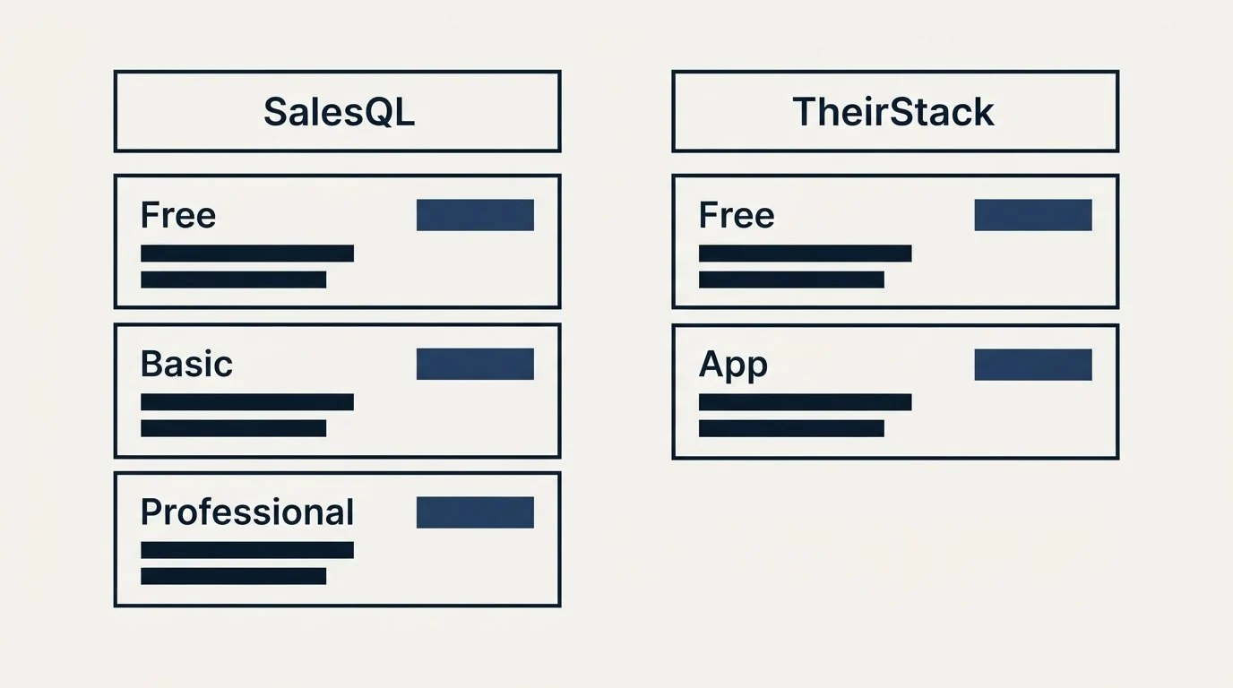 Pricing table: Pricing Comparison (SalesQL, TheirStack, Free, Basic)