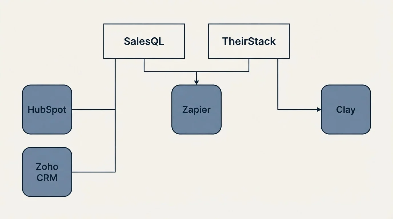 Integration grid: Integration Ecosystem (SalesQL, TheirStack, Zapier, HubSpot)