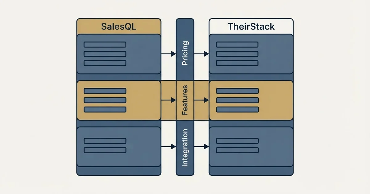 Comparison panel: SalesQL vs TheirStack (Pricing, Features, Integration)