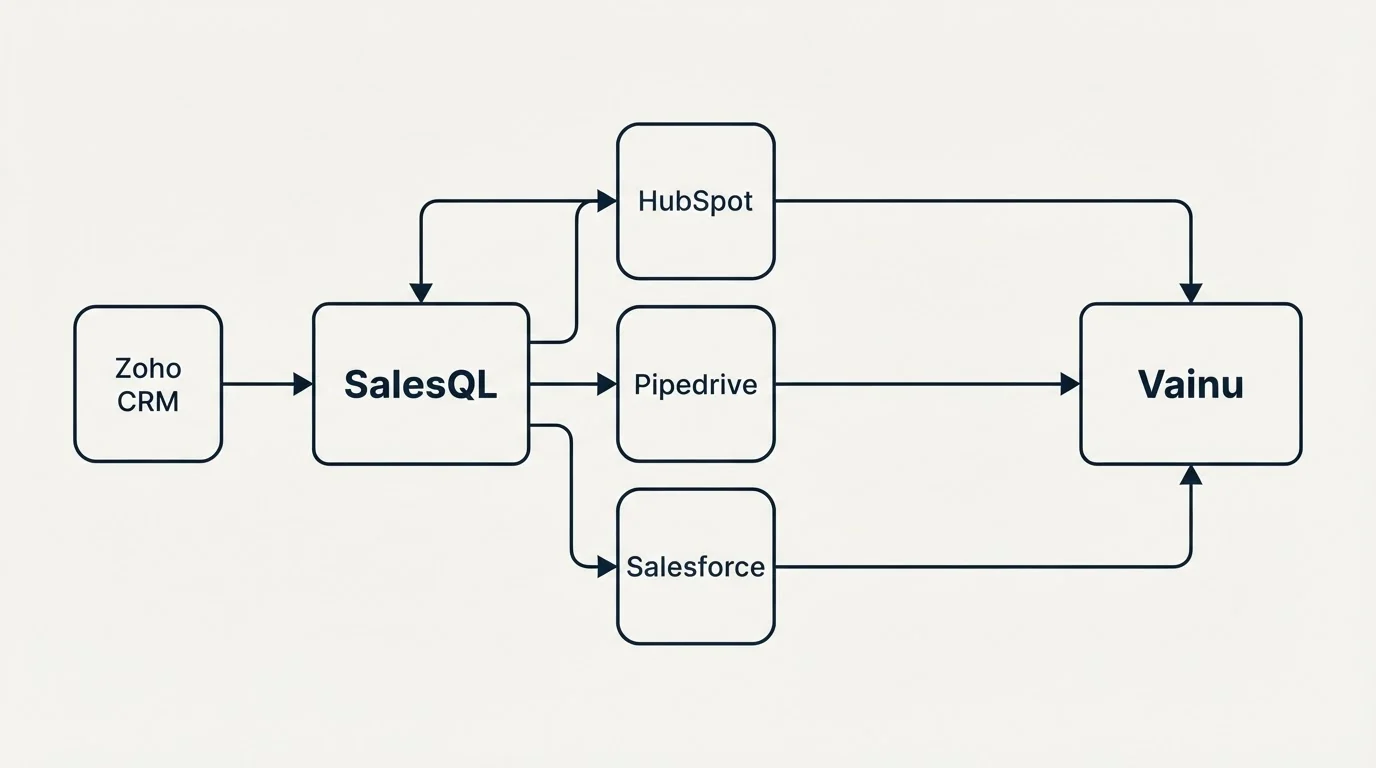 Integration schematic: Integration Ecosystem (SalesQL, Vainu, HubSpot, Pipedrive)