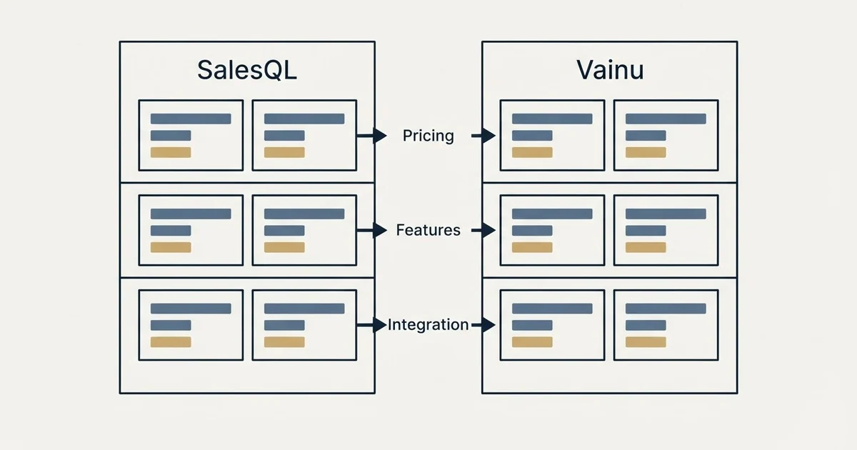 Comparison panel: SalesQL vs Vainu (Pricing, Features, Integration)