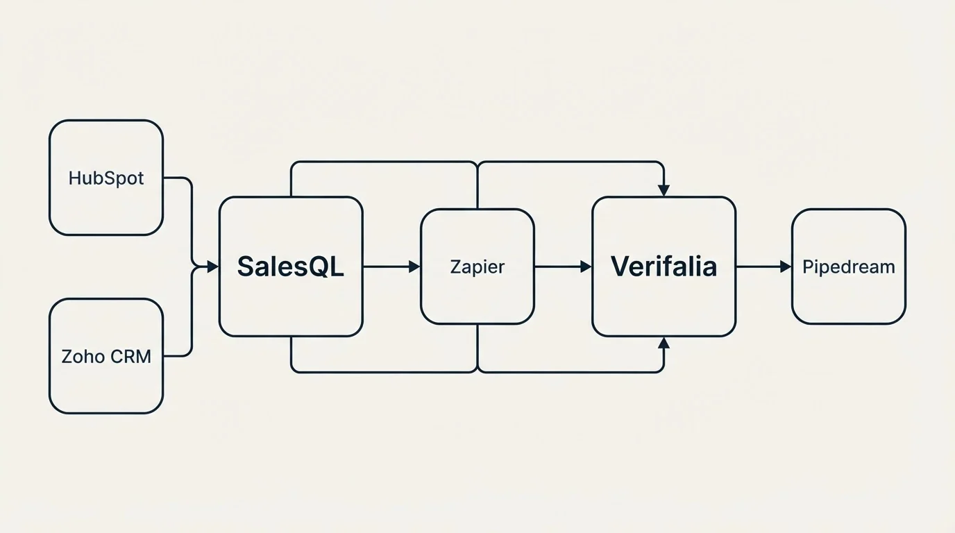 Integration schematic: Integration Ecosystem (SalesQL, Verifalia, Zapier, HubSpot)