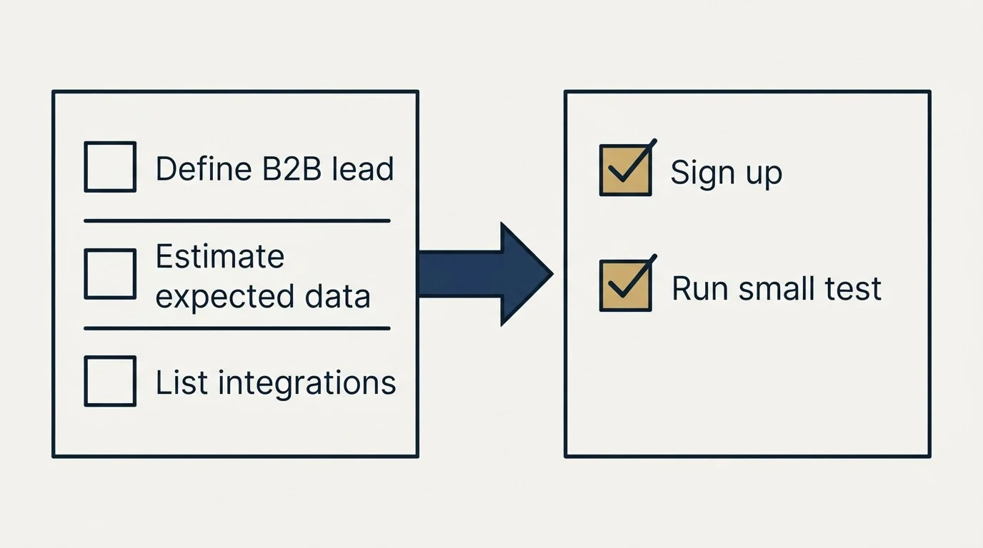 Before-and-after steps: Getting Started Checklist (Define B2B lead, Estimate expected data, List integrations, Sign up)