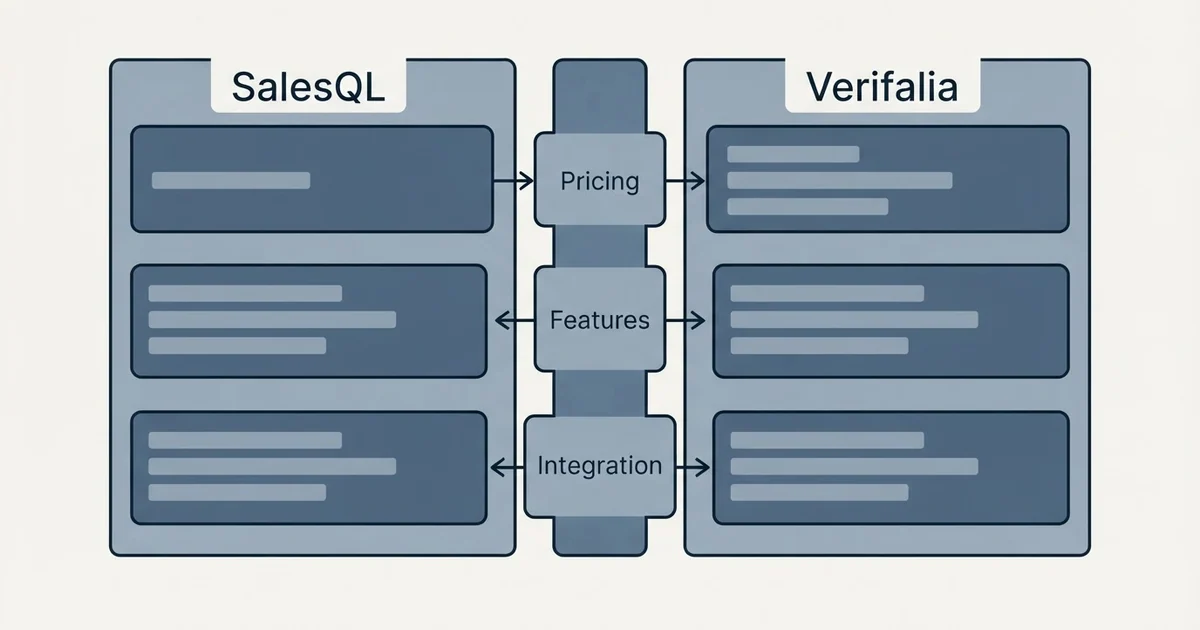 Comparison panel: SalesQL vs Verifalia (Pricing, Features, Integration)