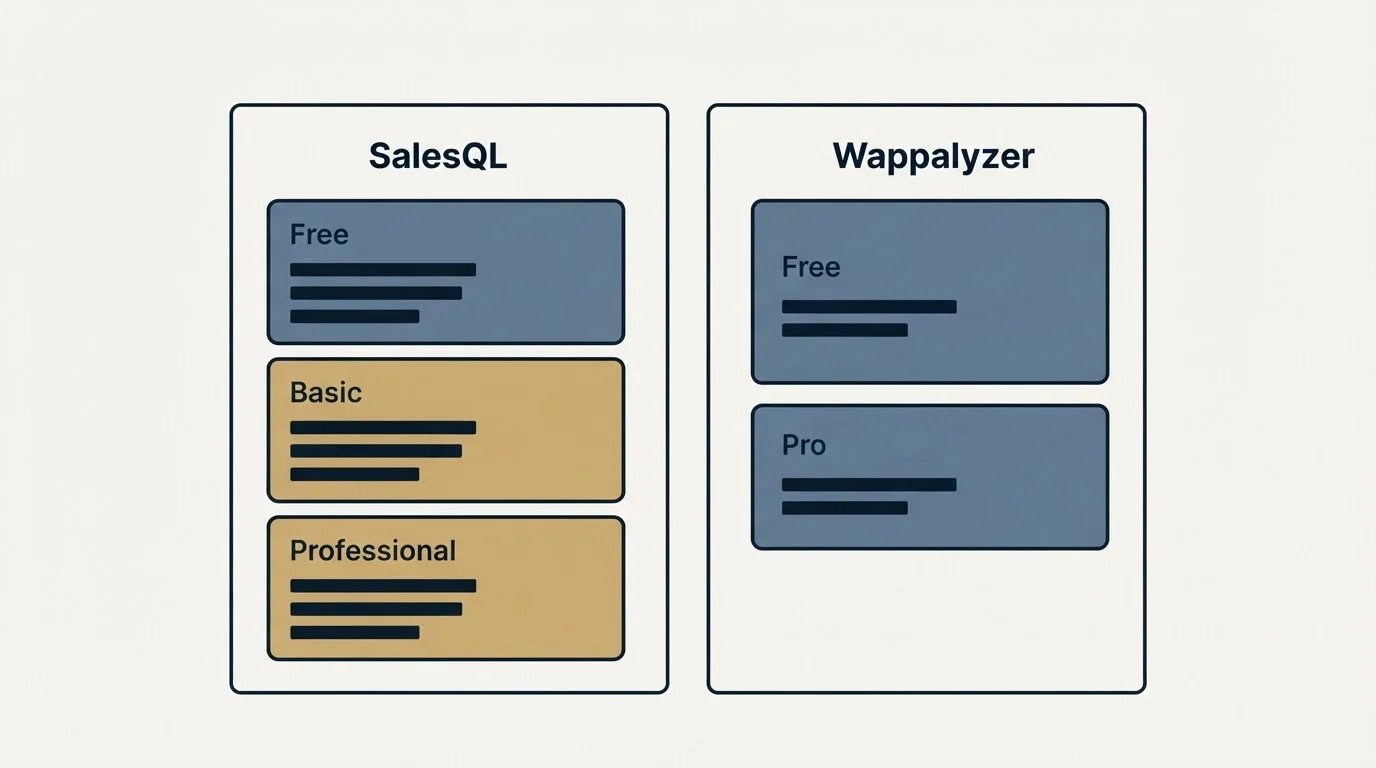 Pricing panels: Pricing Comparison (SalesQL, Wappalyzer, Free, Basic)