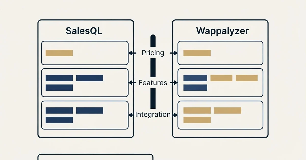 Comparison panel: SalesQL vs Wappalyzer (Pricing, Features, Integration)