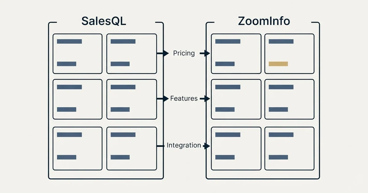 Comparison panel: SalesQL vs ZoomInfo (Pricing, Features, Integration)