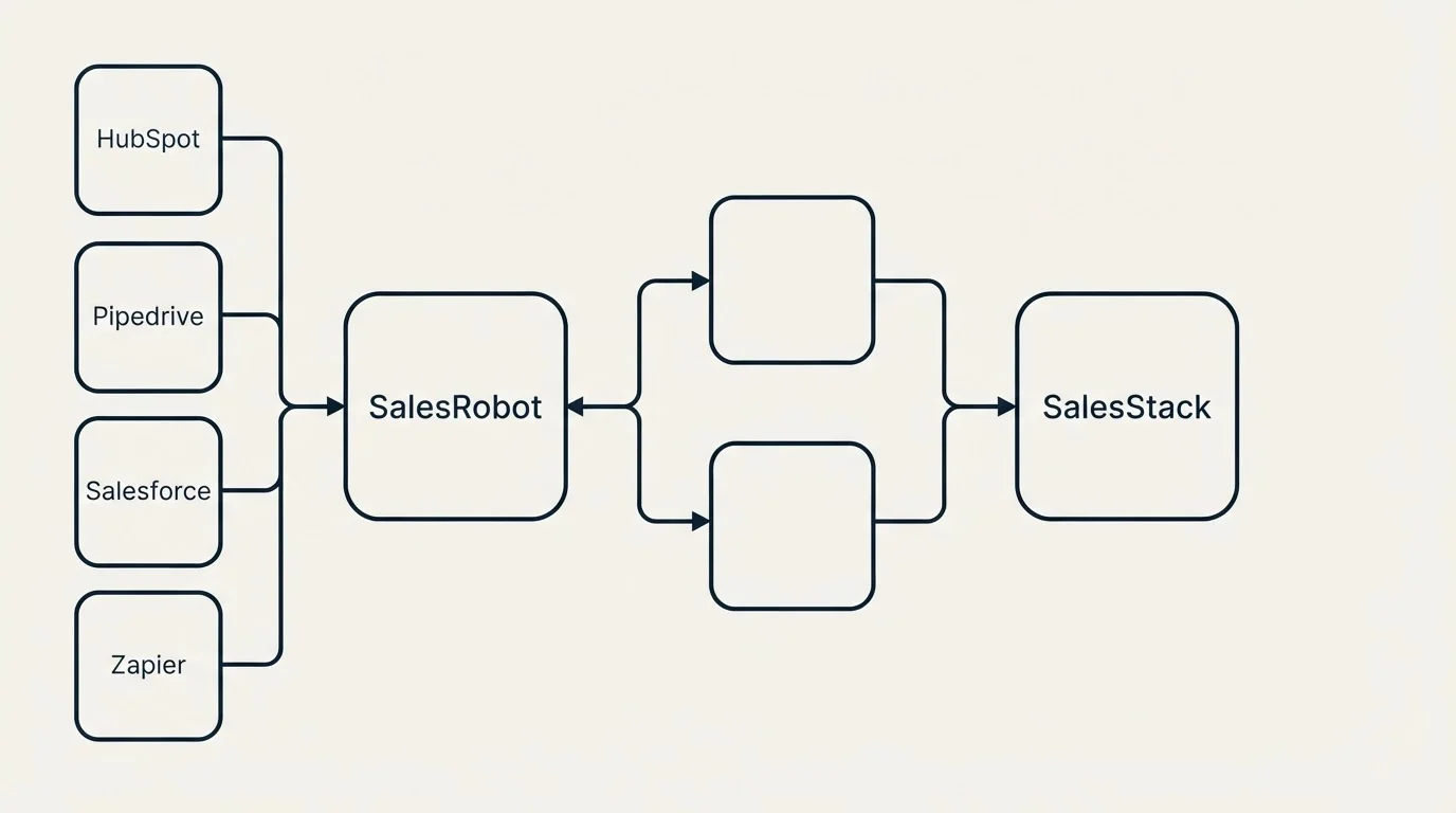 Integration schematic: Integration Ecosystem (SalesRobot, SalesStack, HubSpot, Pipedrive)