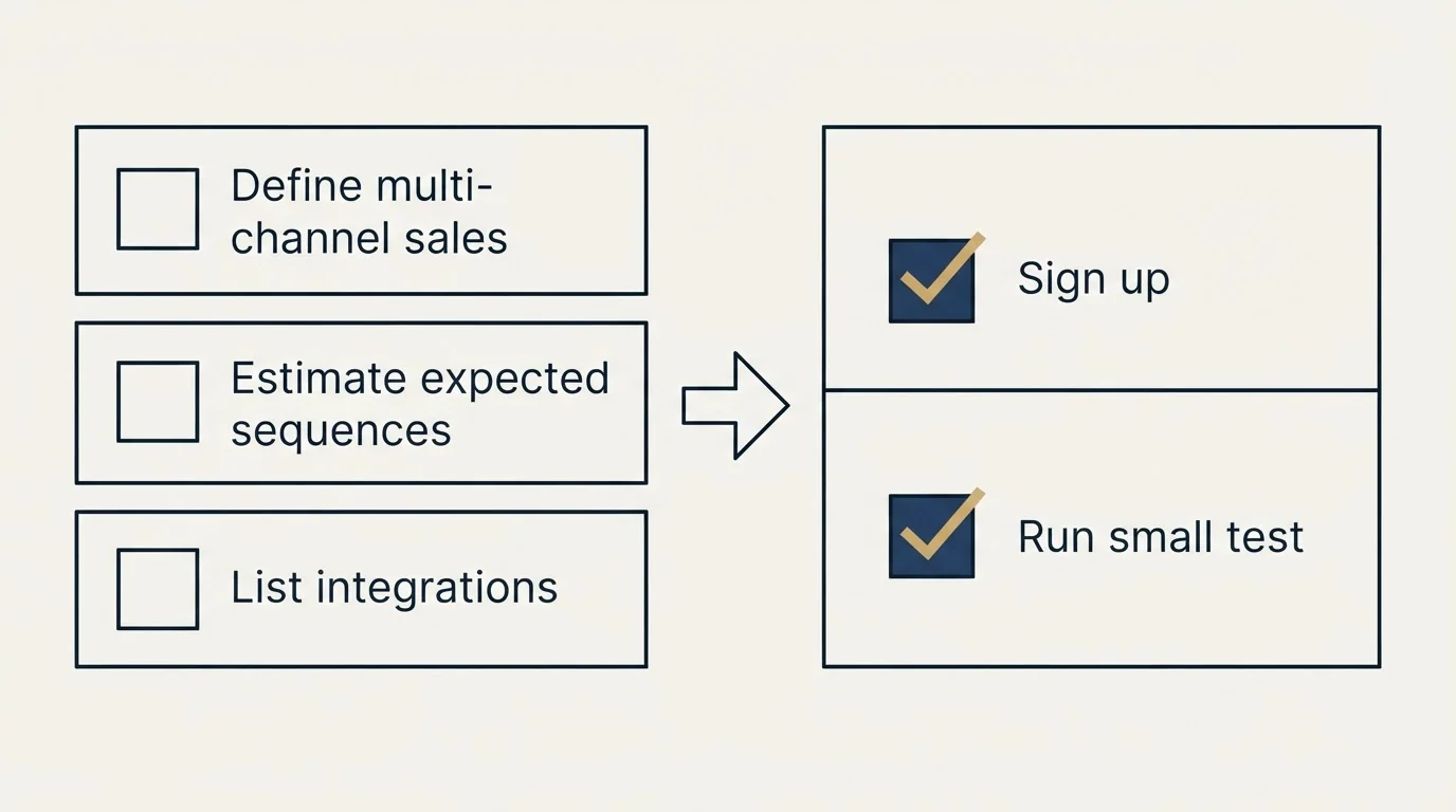 Before-and-after steps: Getting Started Checklist (Define multi-channel sales, Estimate expected sequences, List integrations, Sign up)