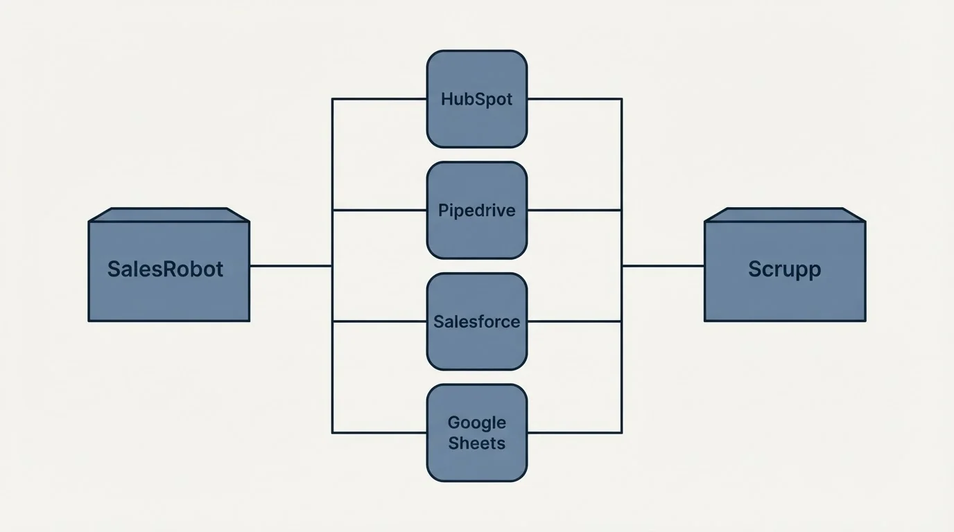 Integration flow: Integration Ecosystem (SalesRobot, Scrupp, HubSpot, Pipedrive)