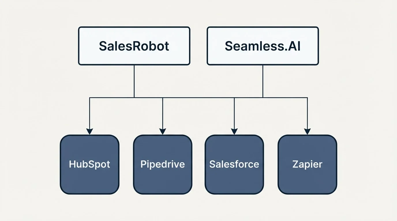 Integration grid: Integration Ecosystem (SalesRobot, Seamless.AI, HubSpot, Pipedrive)