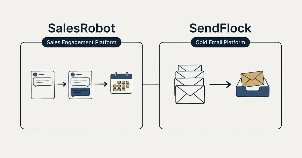 Side-by-side panels: SalesRobot vs SendFlock (Sales Engagement Platform, Cold Email Platform)