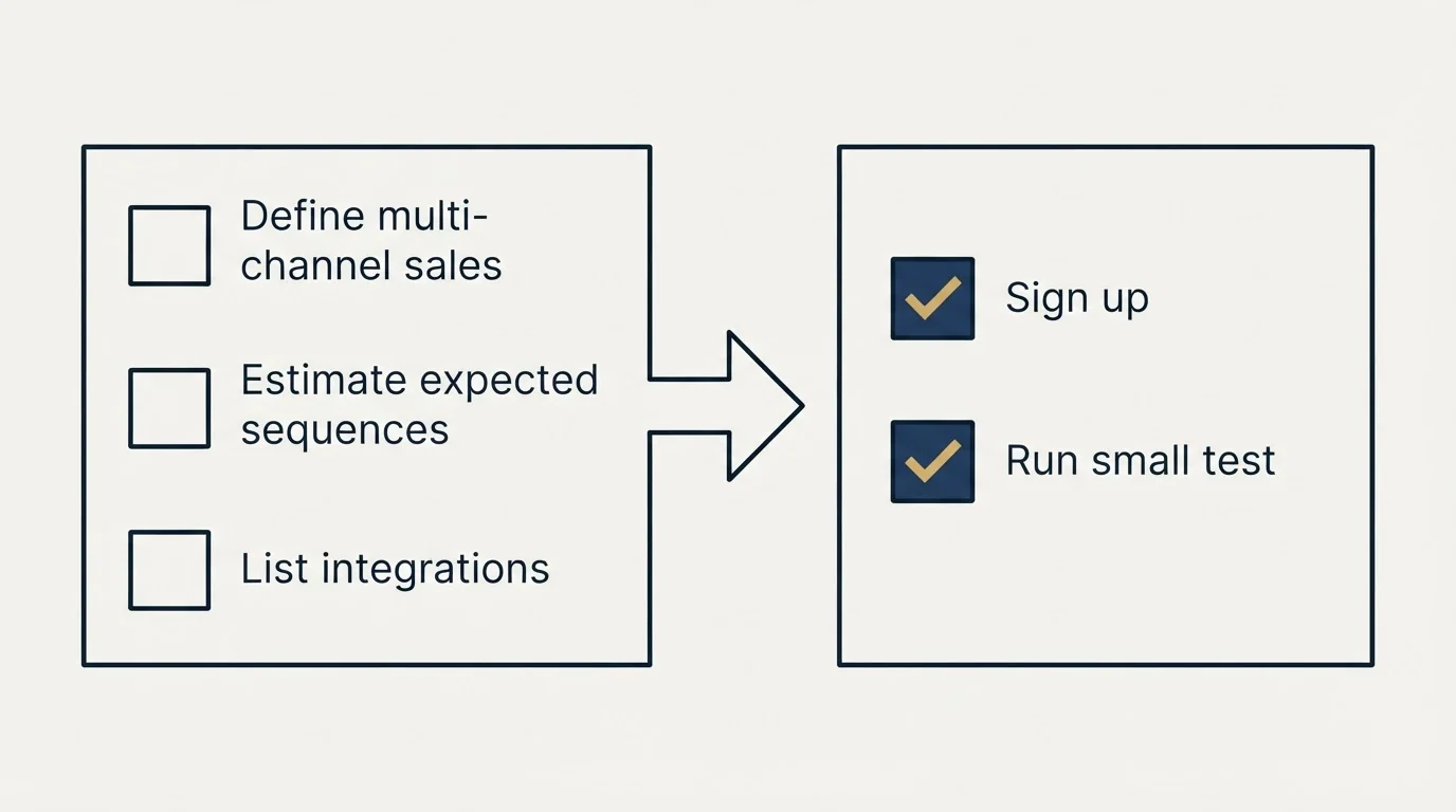 Before-and-after steps: Getting Started Checklist (Define multi-channel sales, Estimate expected sequences, List integrations, Sign up)