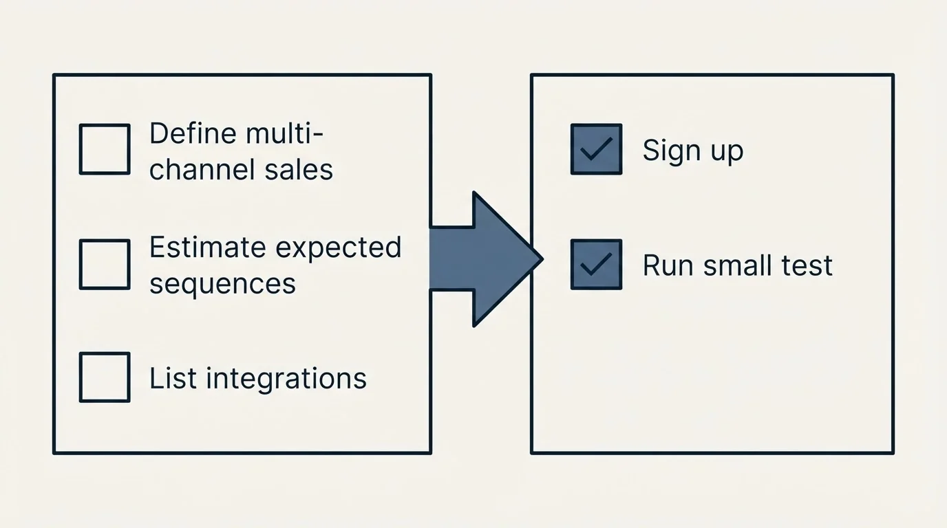 Before-and-after steps: Getting Started Checklist (Define multi-channel sales, Estimate expected sequences, List integrations, Sign up)