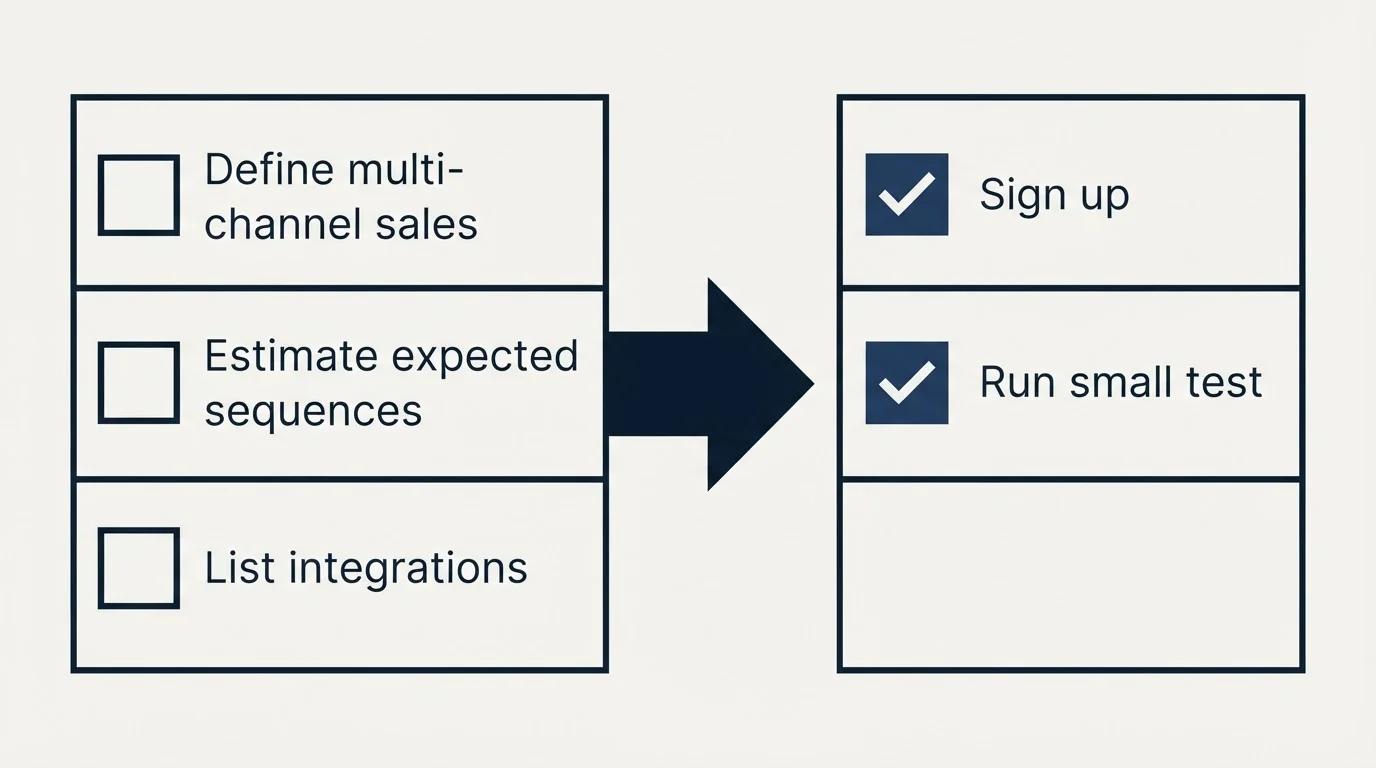 Before-and-after steps: Getting Started Checklist (Define multi-channel sales, Estimate expected sequences, List integrations, Sign up)