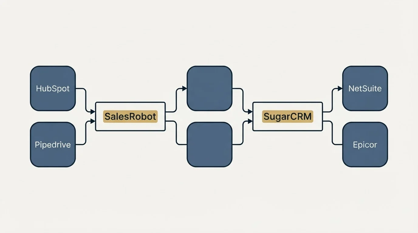 Integration schematic: Integration Ecosystem (SalesRobot, SugarCRM, HubSpot, NetSuite)