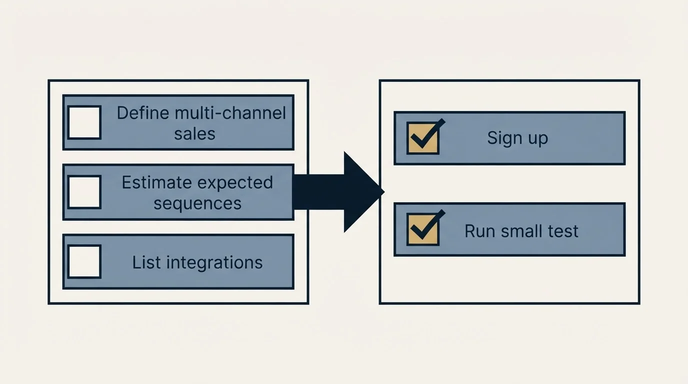 Before-and-after steps: Getting Started Checklist (Define multi-channel sales, Estimate expected sequences, List integrations, Sign up)