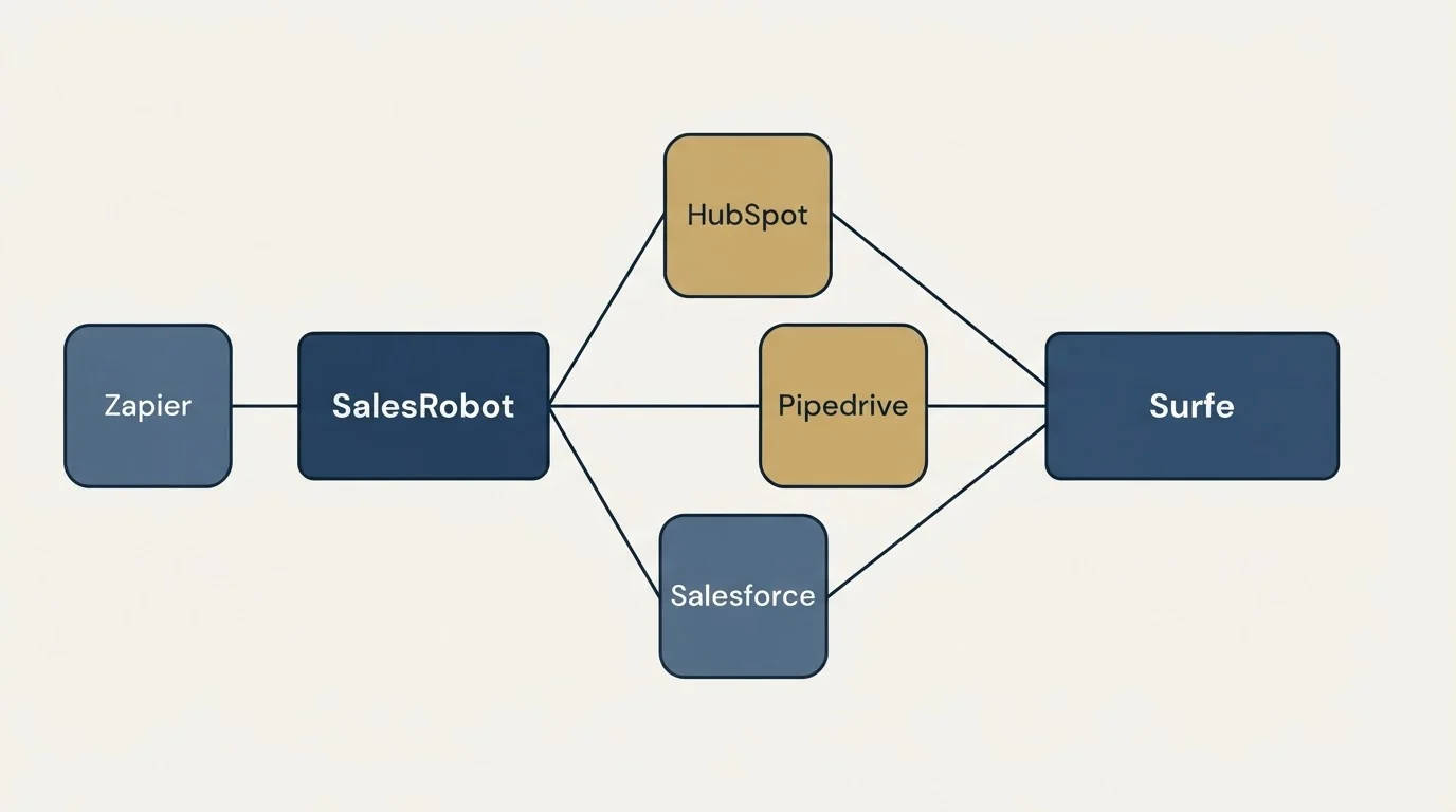 Integration schematic: Integration Ecosystem (SalesRobot, Surfe, HubSpot, Pipedrive)