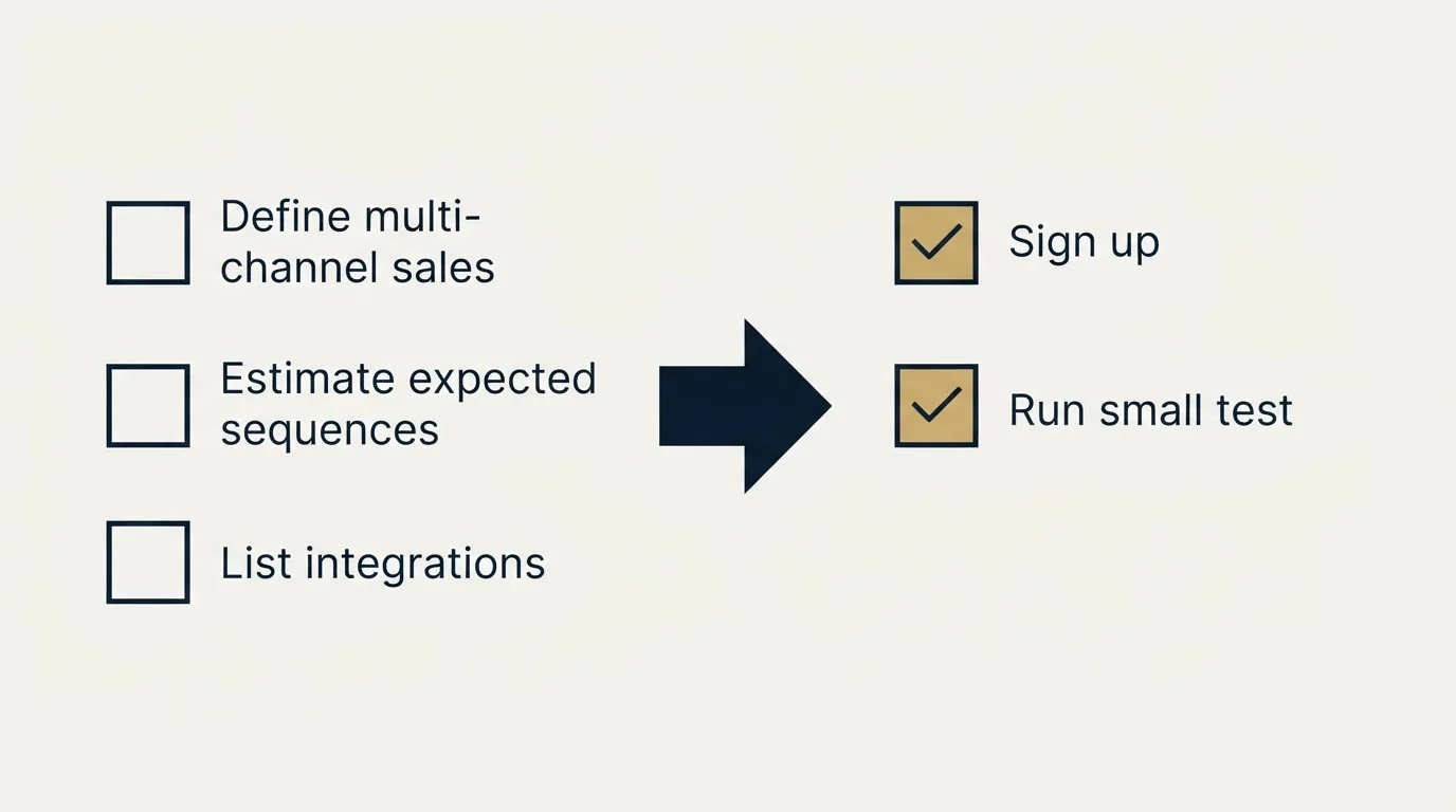 Before-and-after steps: Getting Started Checklist (Define multi-channel sales, Estimate expected sequences, List integrations, Sign up)