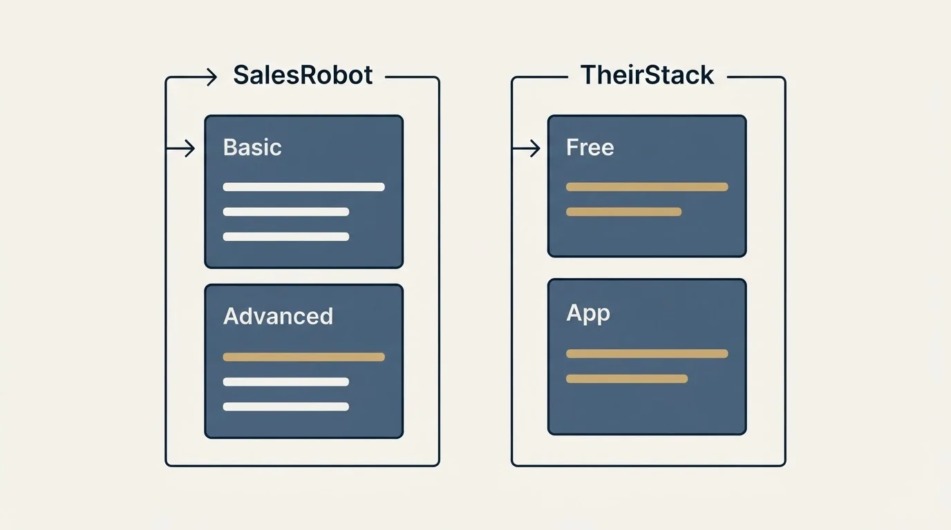 Pricing panels: Pricing Comparison (SalesRobot, TheirStack, Basic, Free)