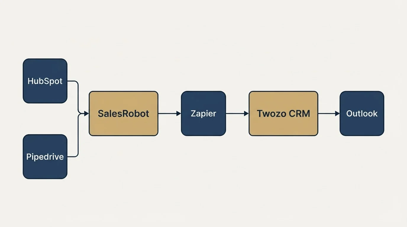 Integration schematic: Integration Ecosystem (SalesRobot, Twozo CRM, Zapier, HubSpot)