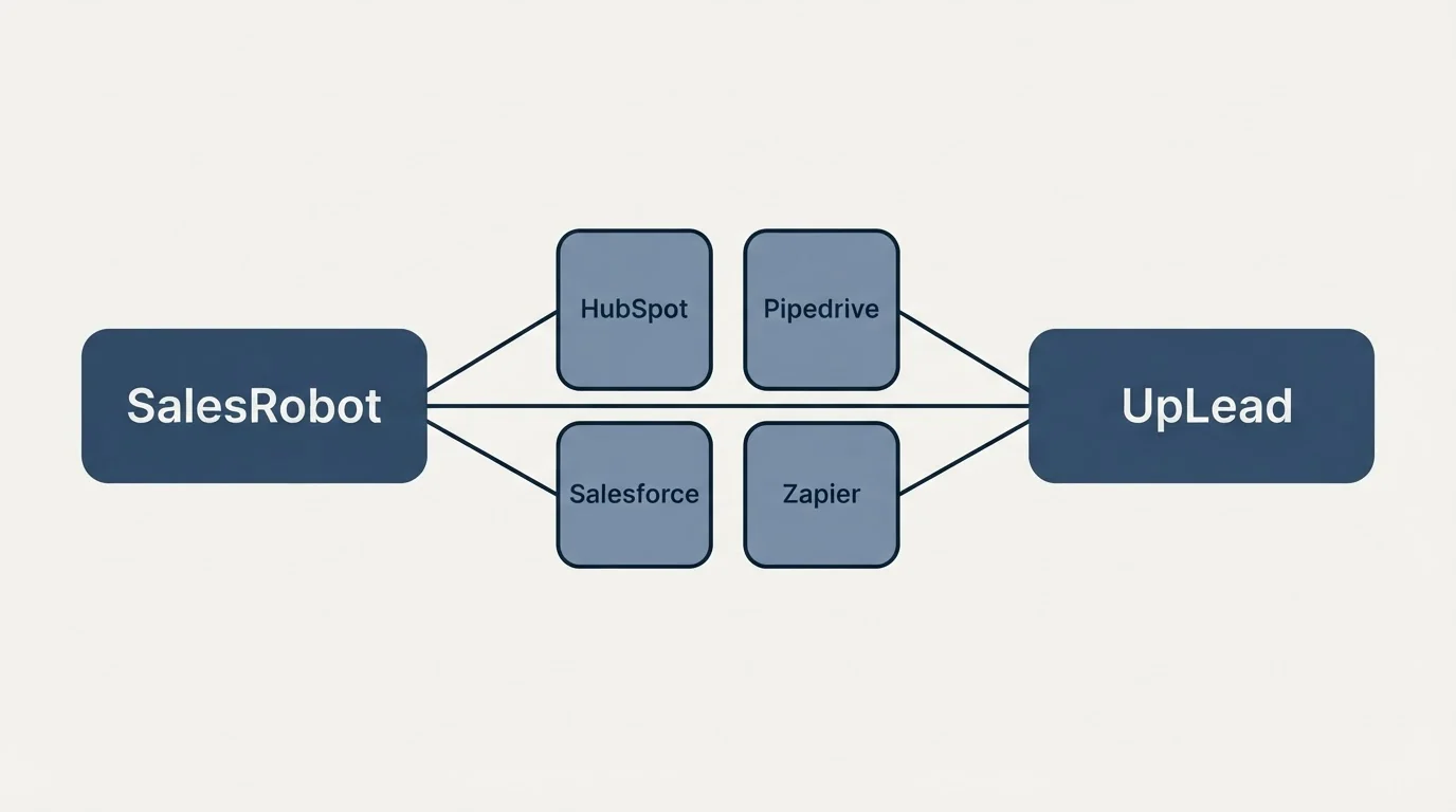 Integration schematic: Integration Ecosystem (SalesRobot, UpLead, HubSpot, Pipedrive)