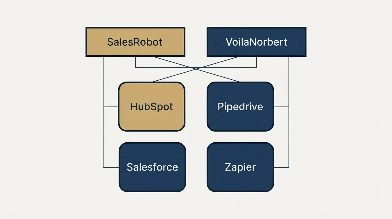 Integration grid: Integration Ecosystem (SalesRobot, VoilaNorbert, HubSpot, Pipedrive)