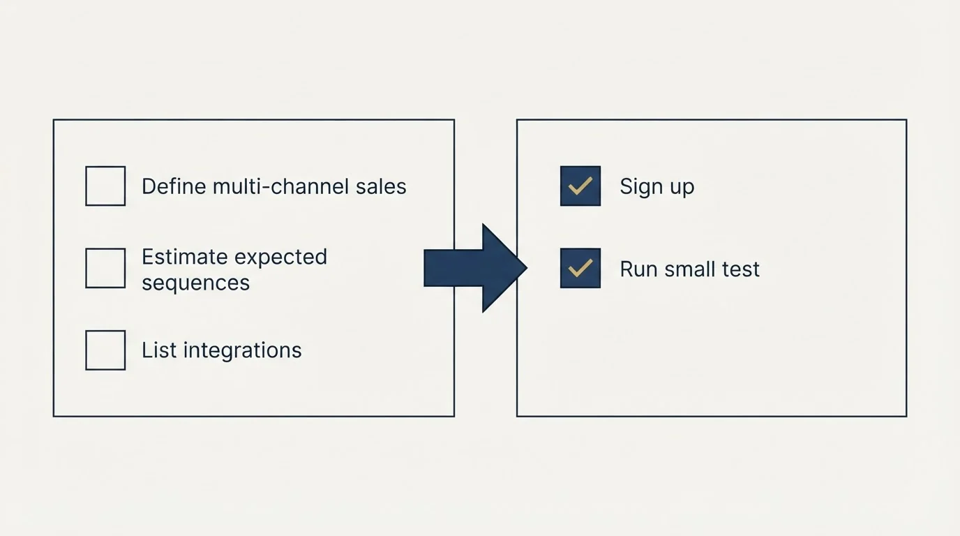 Before-and-after steps: Getting Started Checklist (Define multi-channel sales, Estimate expected sequences, List integrations, Sign up)