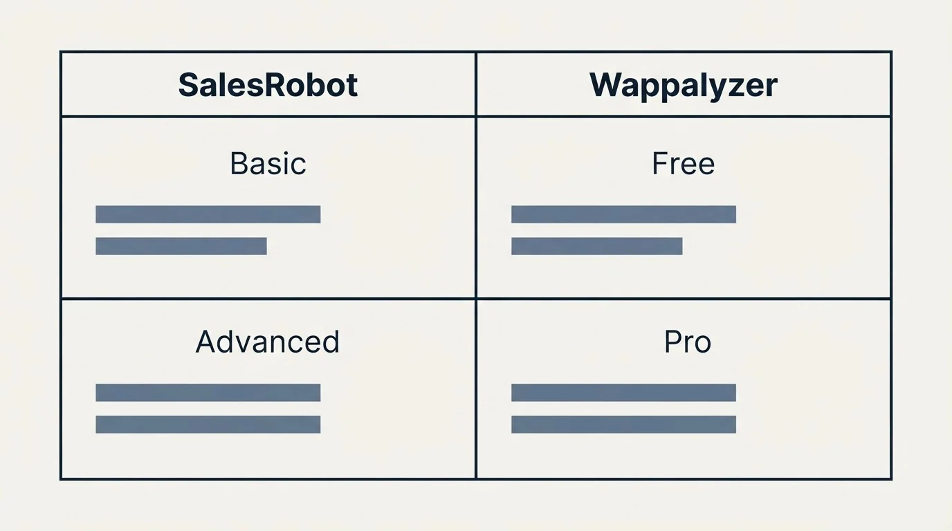 Pricing table: Pricing Comparison (SalesRobot, Wappalyzer, Basic, Free)