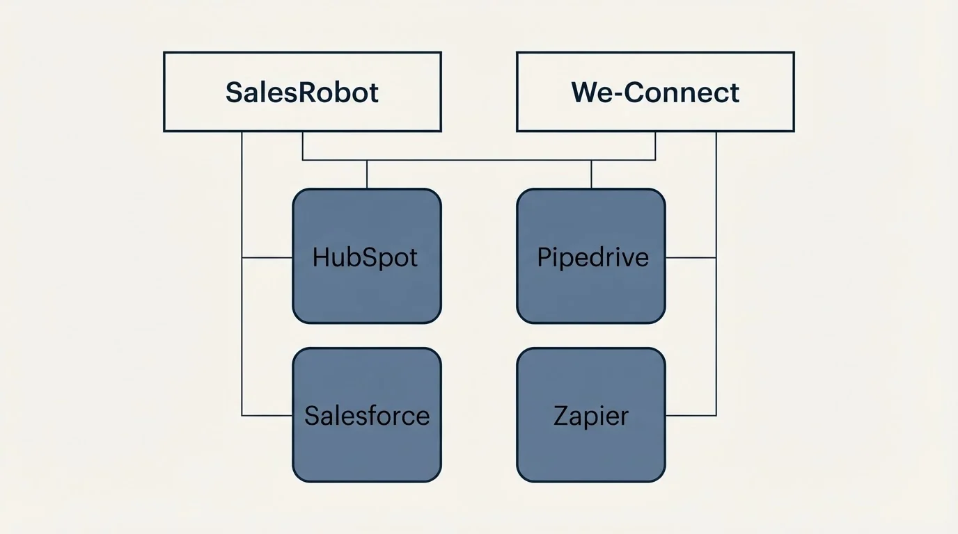 Integration grid: Integration Ecosystem (SalesRobot, We-Connect, HubSpot, Pipedrive)