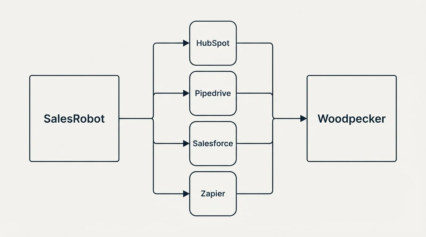Integration flow: Integration Ecosystem (SalesRobot, Woodpecker, HubSpot, Pipedrive)