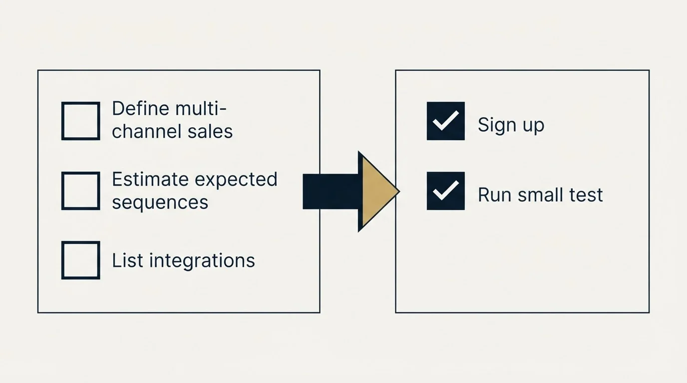 Before-and-after steps: Getting Started Checklist (Define multi-channel sales, Estimate expected sequences, List integrations, Sign up)
