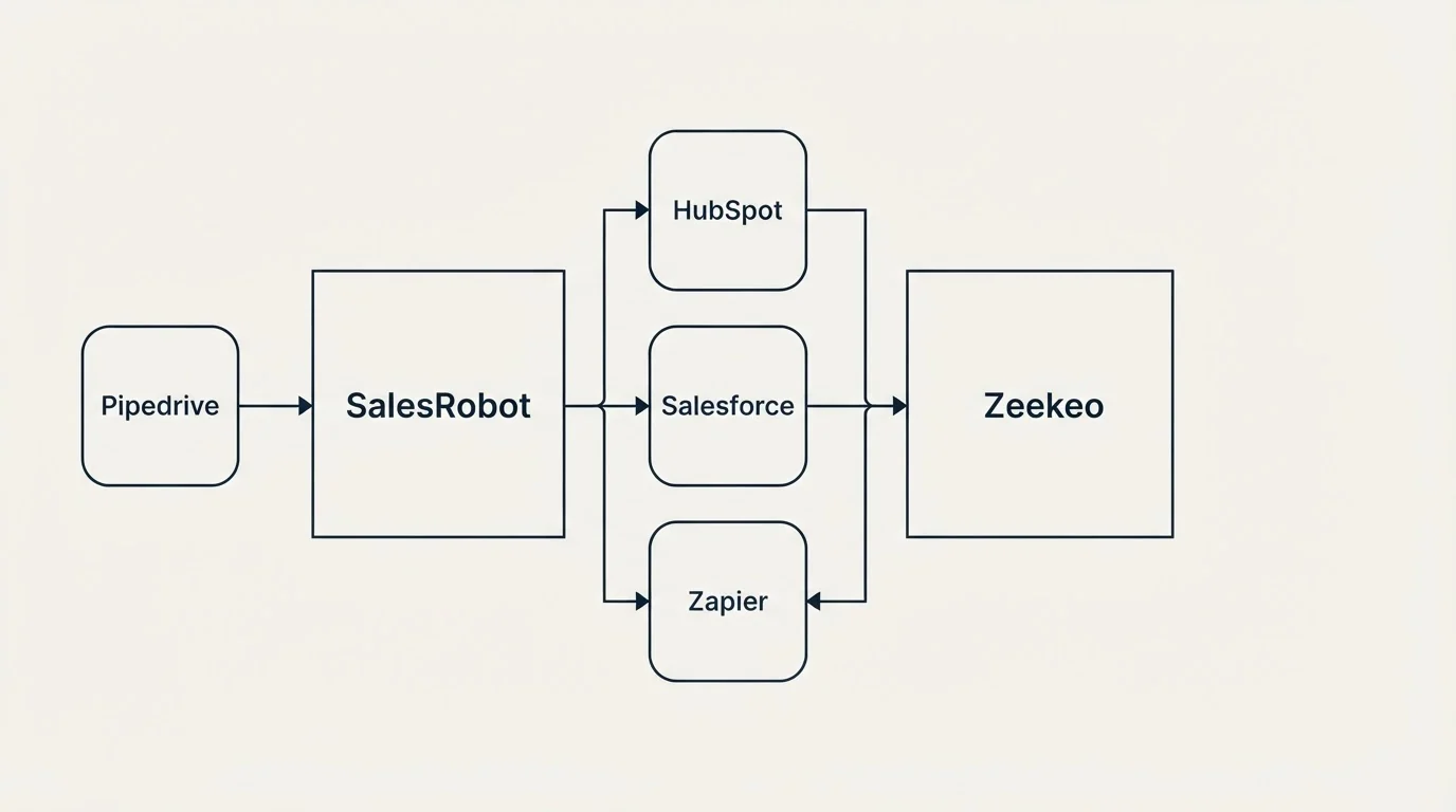 Integration flow: Integration Ecosystem (SalesRobot, Zeekeo, HubSpot, Salesforce)