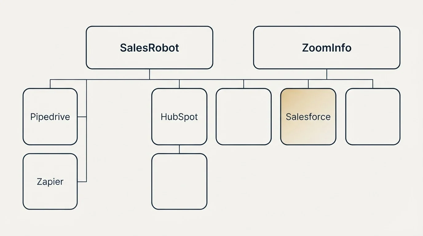 Integration grid: Integration Ecosystem (SalesRobot, ZoomInfo, HubSpot, Salesforce)