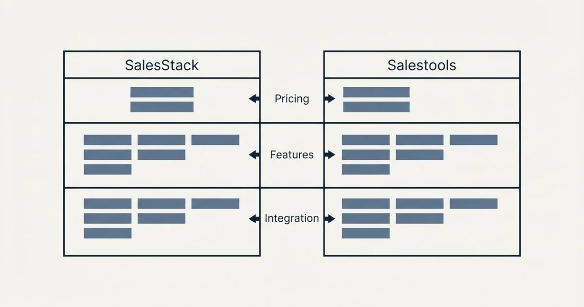 Comparison panel: SalesStack vs Salestools (Pricing, Features, Integration)