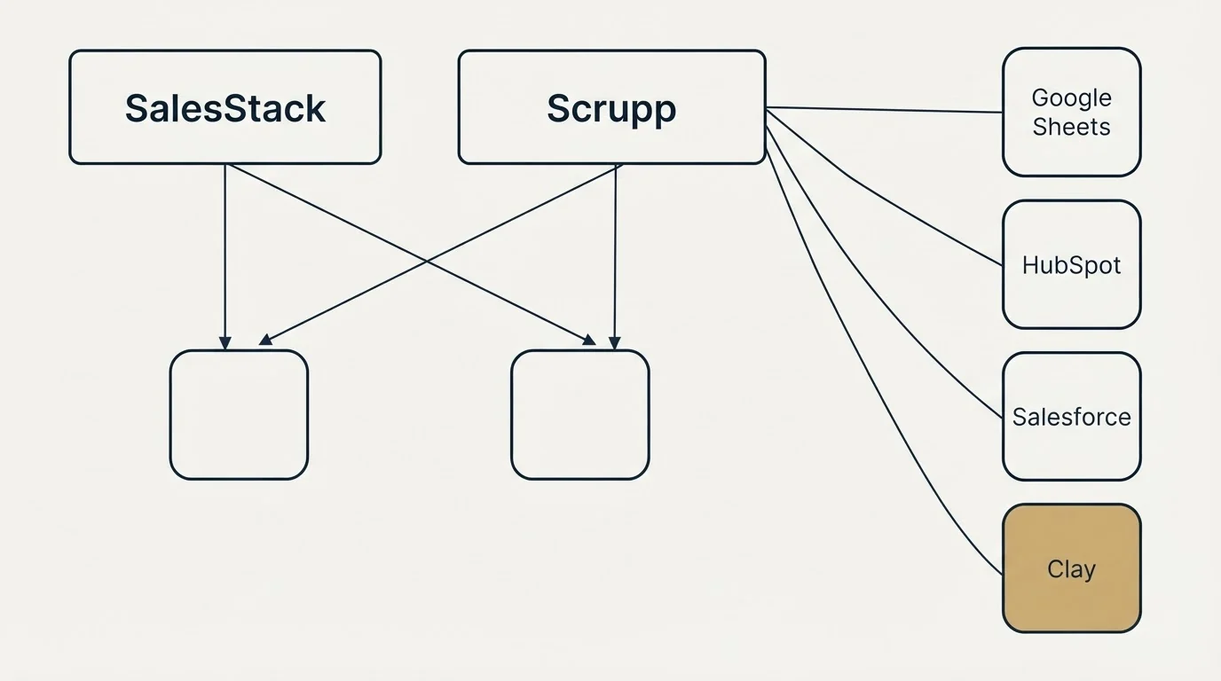 Integration grid: Integration Ecosystem (SalesStack, Scrupp, Google Sheets, HubSpot)