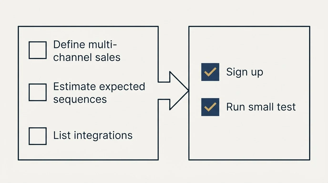 Before-and-after steps: Getting Started Checklist (Define multi-channel sales, Estimate expected sequences, List integrations, Sign up)