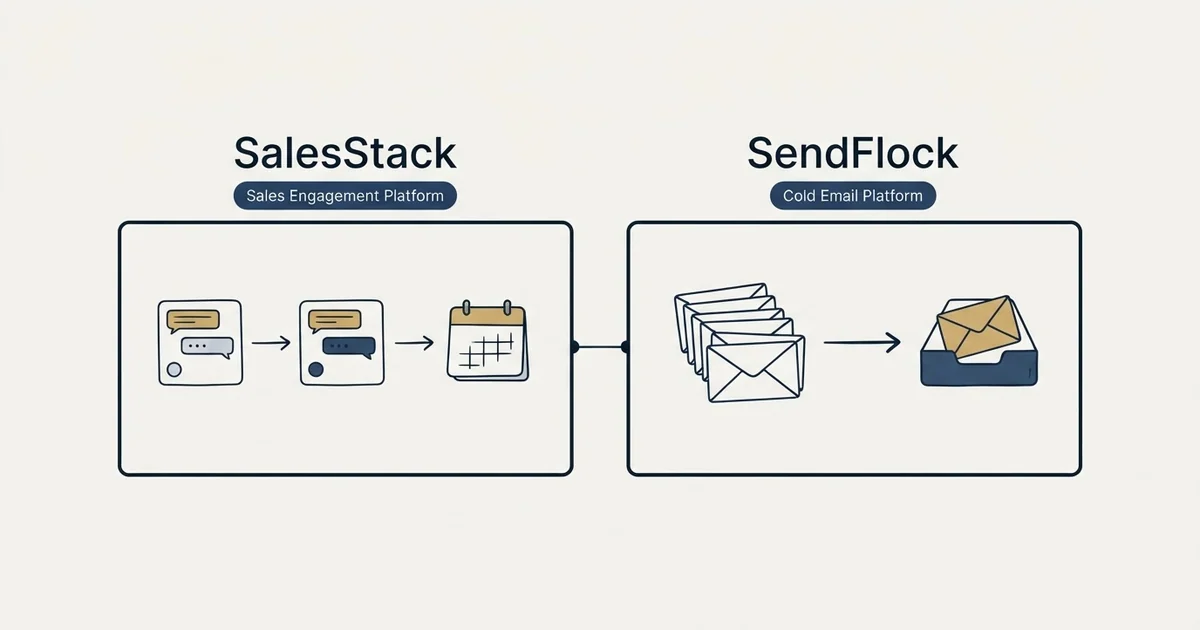 Side-by-side panels: SalesStack vs SendFlock (Sales Engagement Platform, Cold Email Platform)