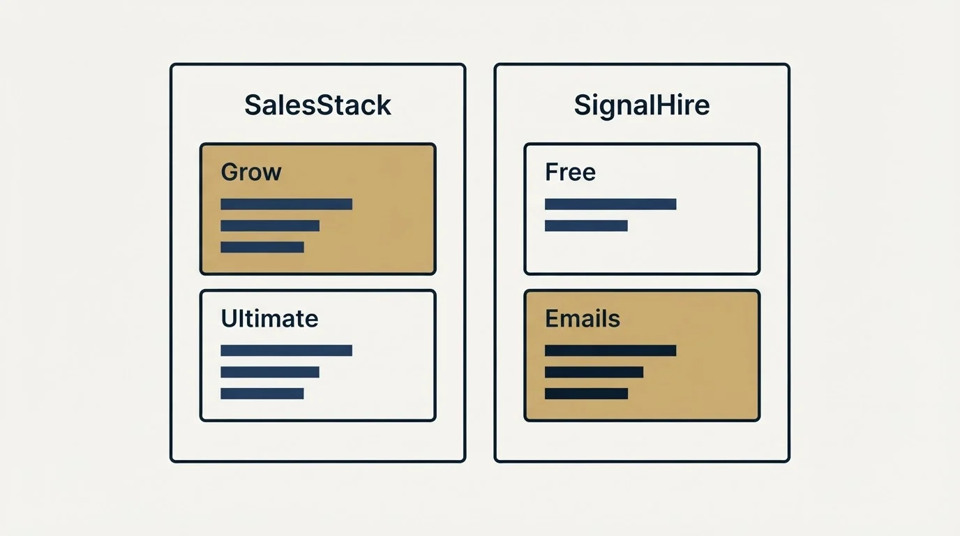 Pricing panels: Pricing Comparison (SalesStack, SignalHire, Grow, Free)