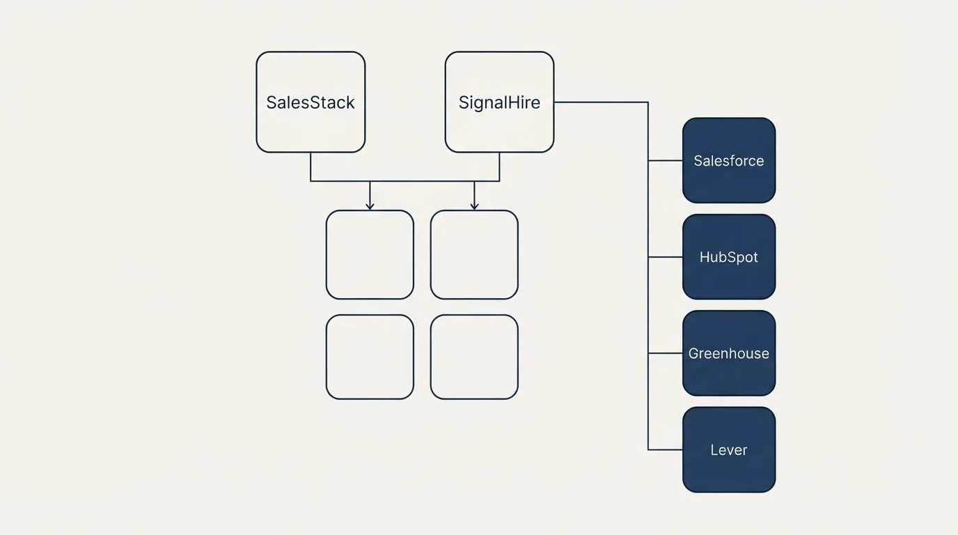 Integration grid: Integration Ecosystem (SalesStack, SignalHire, Salesforce, HubSpot)
