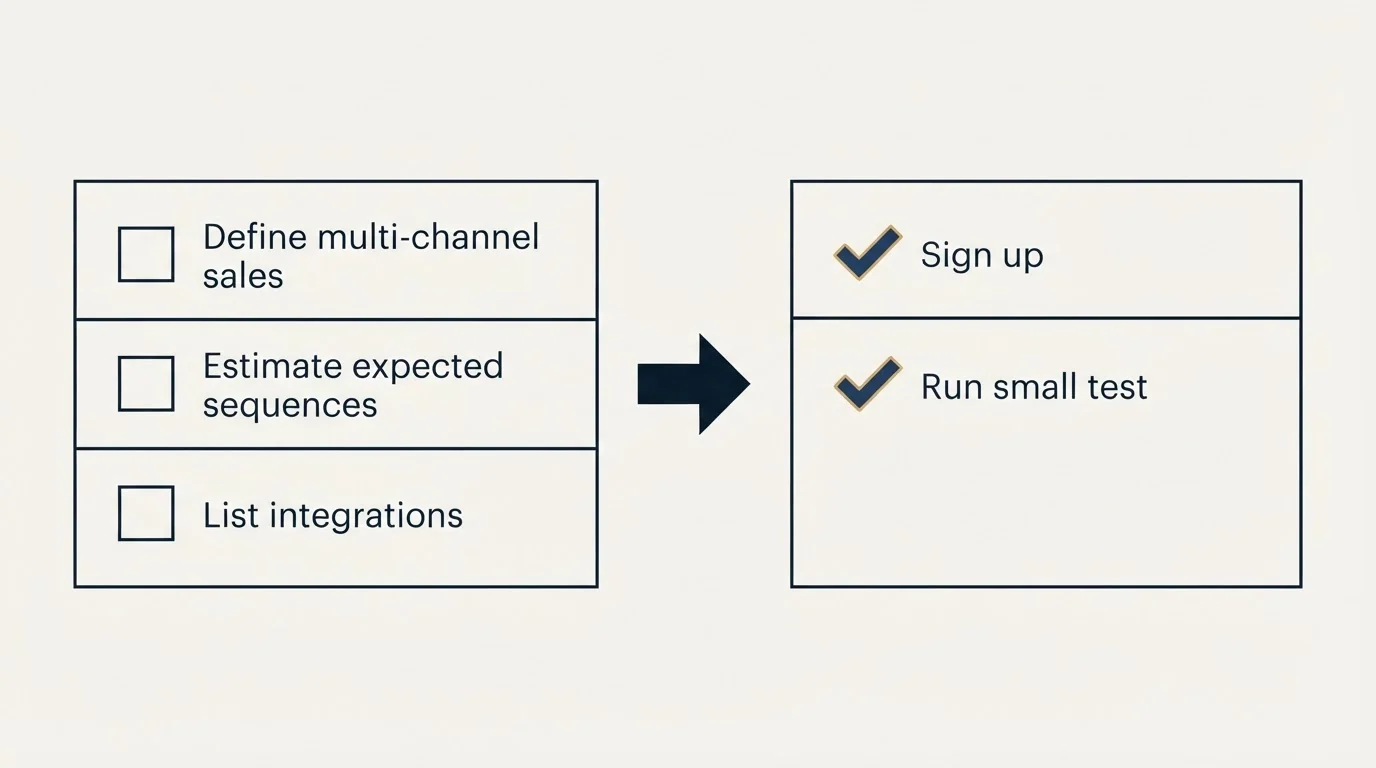 Before-and-after steps: Getting Started Checklist (Define multi-channel sales, Estimate expected sequences, List integrations, Sign up)