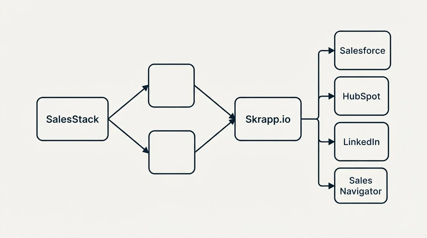 Integration schematic: Integration Ecosystem (SalesStack, Skrapp.io, Salesforce, HubSpot)