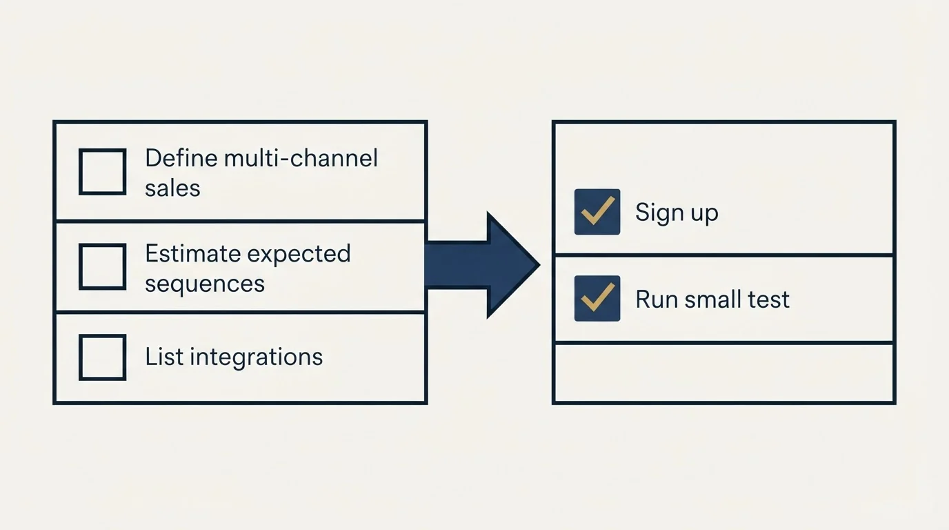 Before-and-after steps: Getting Started Checklist (Define multi-channel sales, Estimate expected sequences, List integrations, Sign up)