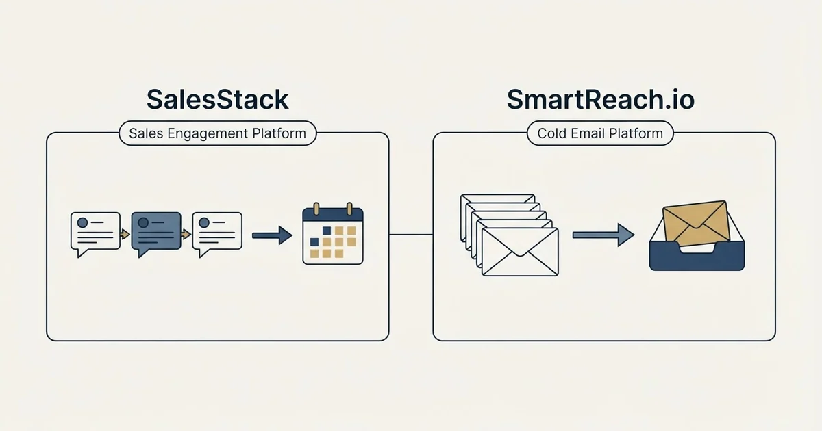 Side-by-side panels: SalesStack vs SmartReach.io (Sales Engagement Platform, Cold Email Platform)
