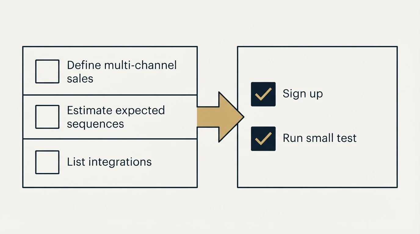 Before-and-after steps: Getting Started Checklist (Define multi-channel sales, Estimate expected sequences, List integrations, Sign up)