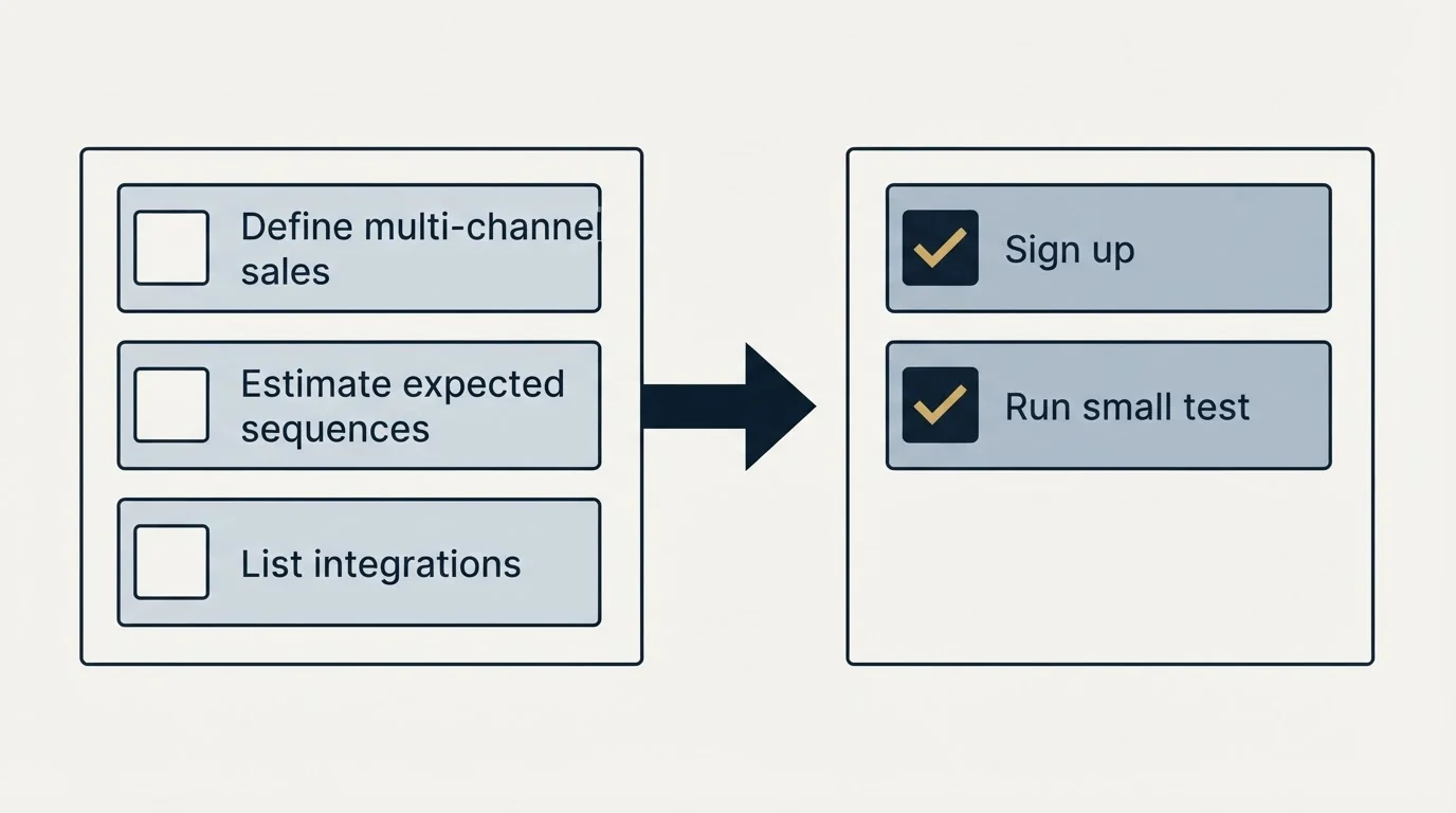 Before-and-after steps: Getting Started Checklist (Define multi-channel sales, Estimate expected sequences, List integrations, Sign up)