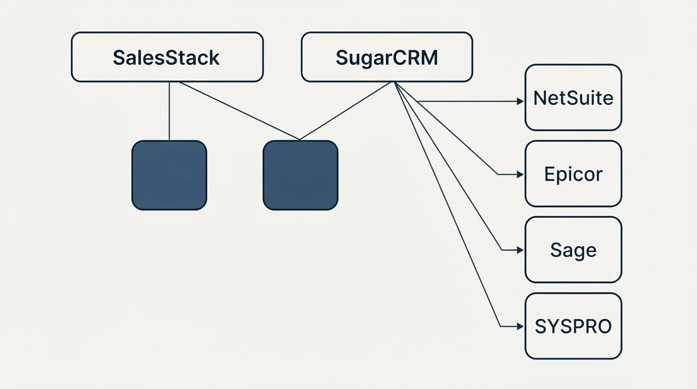 Integration grid: Integration Ecosystem (SalesStack, SugarCRM, NetSuite, Epicor)