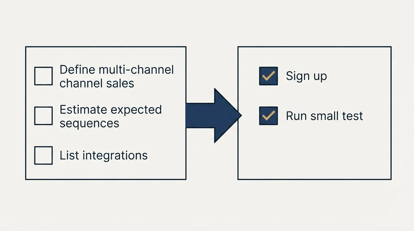 Before-and-after steps: Getting Started Checklist (Define multi-channel sales, Estimate expected sequences, List integrations, Sign up)